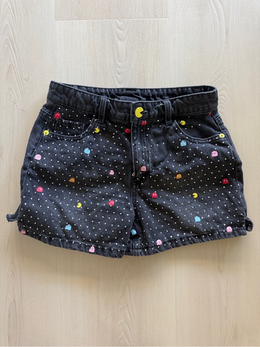 Girls' Black Pac-Man Print Denim Shorts